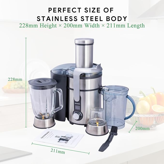 GOTMORE Juicer Machine, Blender & Grinder Combo 3 in 1 for Smoothies, Juice, Processing, Grinding & More 1300W Centrifugal Juice Extractor for Fruit Vegetable with 5 Speeds LCD Screen, Easy to Clean