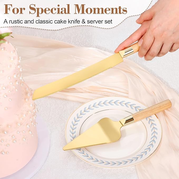 Gold Cake Cutting Set for Wedding, Wood Cake Knife and Server Set, Rustic 2-Piece Pie Cutter Serving Set, Serrated Dessert Utensils, Bridal Anniversary Quinceañera Gift (Oak color)