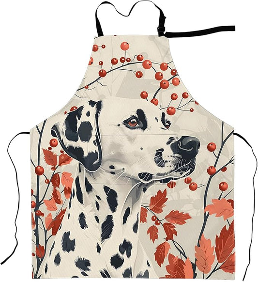 Dalmatian Apron Elegant Autumn Dog with Red Leaves and Berries Aprons Waterproof Oxford Polyester Adjustable Pockets Design for Cooking, Crafting Decor,Gifts for Pet Art Fans, 28x33 Inch