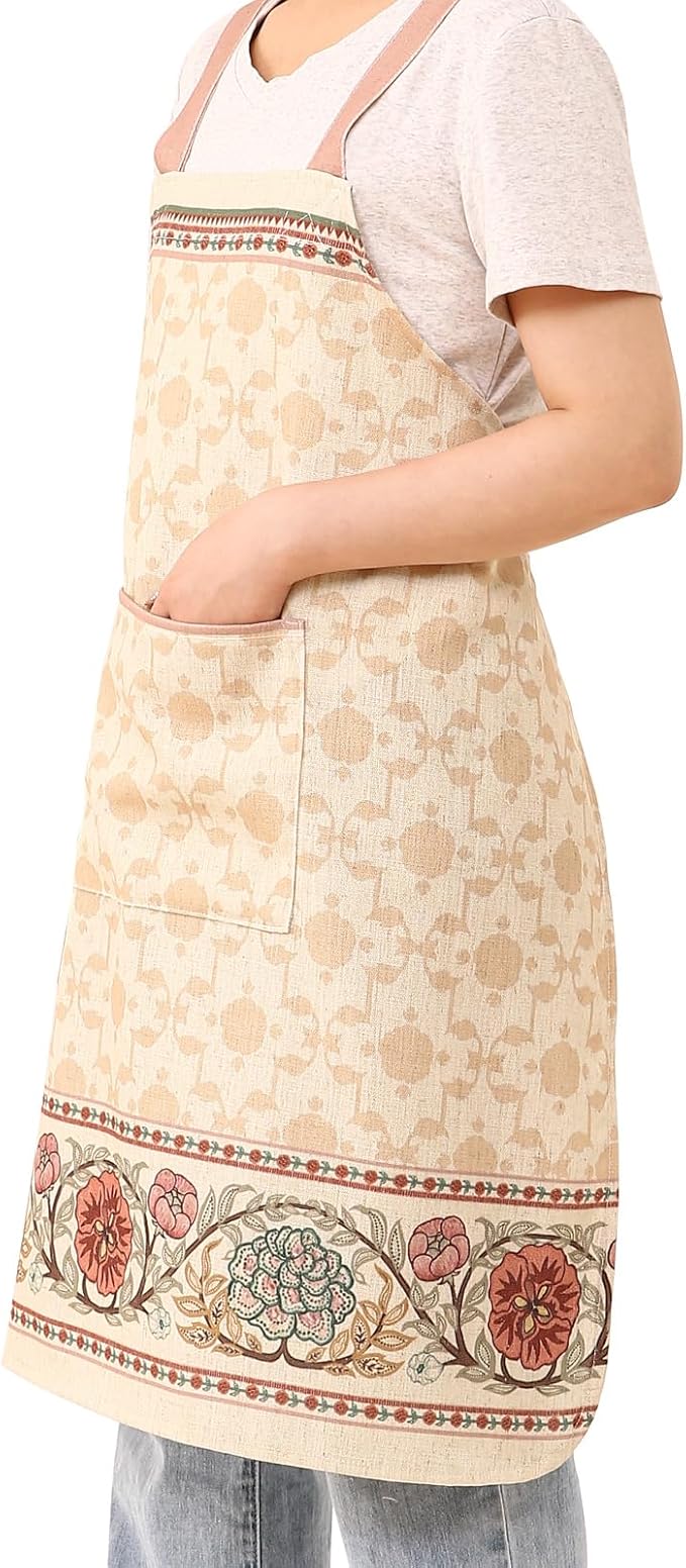 patdrea Blue Floral Linen Apron with Pocket,French Kitchen Garden Chef BBQ Aprons for Women and Men,Crisscross Back Straps