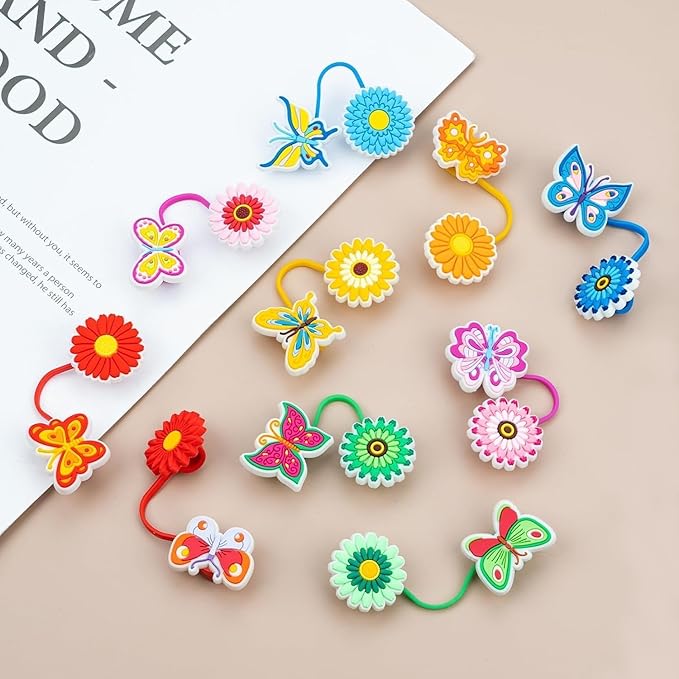 10Pcs Flowers Stanley Straw Topper, 10mm Silicone Straw Covers, Spring Butterfly Straws Topper for Stanley 40 Oz&30 Oz, Reusable Tumbler Cute Straws Cap Tips Lids Accessories