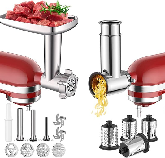 Meat Grinder & Stainless Steel Slicer Shredder Attachment for KitchenAid Stand Mixer, Meat Grinder Attachment with Sausage Stuffing Set and Cheese Grater, For KitchenAid Mixer Attachments