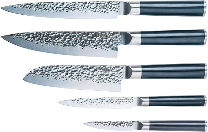 Swiss Diamond Chef Knife Set, German Steel With ABS Handle, Half Tang Handle, Hammered Blade Chef Knives Professional Grade, 55+2 Rockwell Hardness, 5 Piece Set