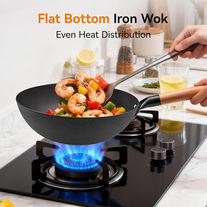 VIVIDCOOKWARE 11.8 Inch Carbon Steel Wok, Flat Bottom Stir Fry Pan with Glass Lid, Uncoated High-Purity Iron Wok for Family Meals, Compatible with Gas, Electric & Induction Cooktops