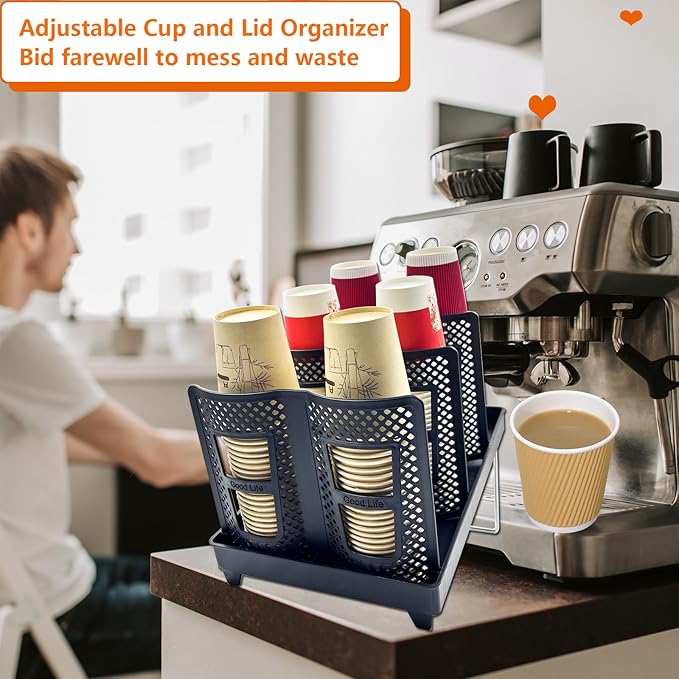 Cup and Lid Holder, Adjustable Coffee Cup Organizer 6 Compartment, Disposable Paper Cup Dispenser fits 8-22oz, Plastic Cup Storage Rack for Coffee Station Bar Countertop Breakroom, Station