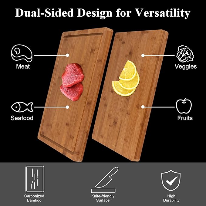 Tafopue Bamboo Cutting Board, 1" Thick Heavy Duty Wood Chopping Board for Kitchen, Built-in Deep Juice Groove and Handles, Reversible Charcuterie Board for Meat BBQ, Gift for Housewarming, 17x12''
