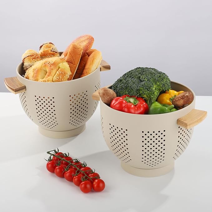 Metal Colander with Wood Handle, 5.5 Quart Powder Coated Steel Large Kitchen Strainer Stable Base,(Sand Yellow, 11.26inch)