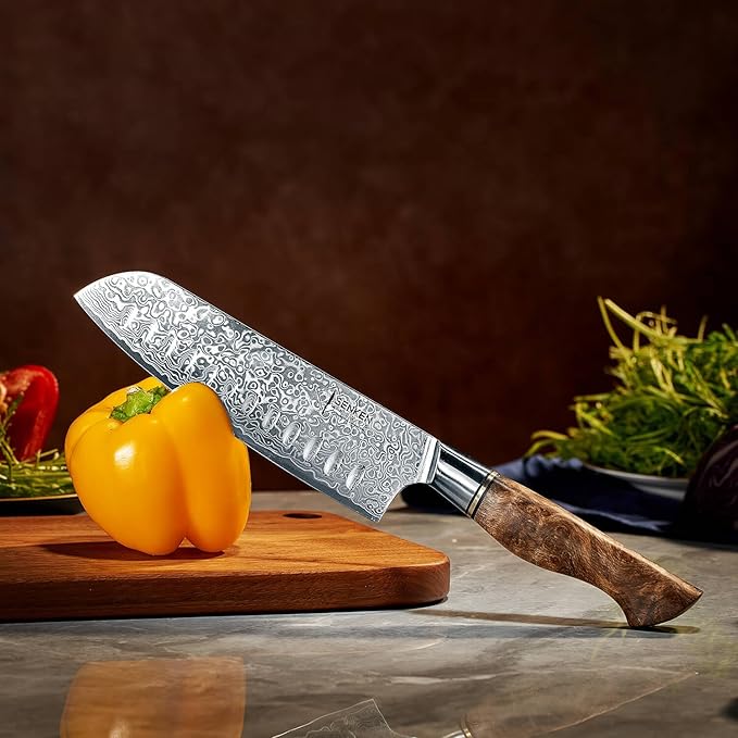 SENKEN 7" Damascus Steel Santoku Knife - Dynasty Collection - 67-Layer Japanese VG10 Steel with Sycamore Wood Handle, Razor Sharp Double Bevel 15° Edge