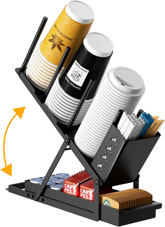 RCHYFEED Cup and Lid Holder with Straw Holder, Metal Cup Holder for Countertop, 5 Compartment Coffee Station Organizer Cup Holder for Coffee Bar Accessories, Disposable Cup Lid Organizer