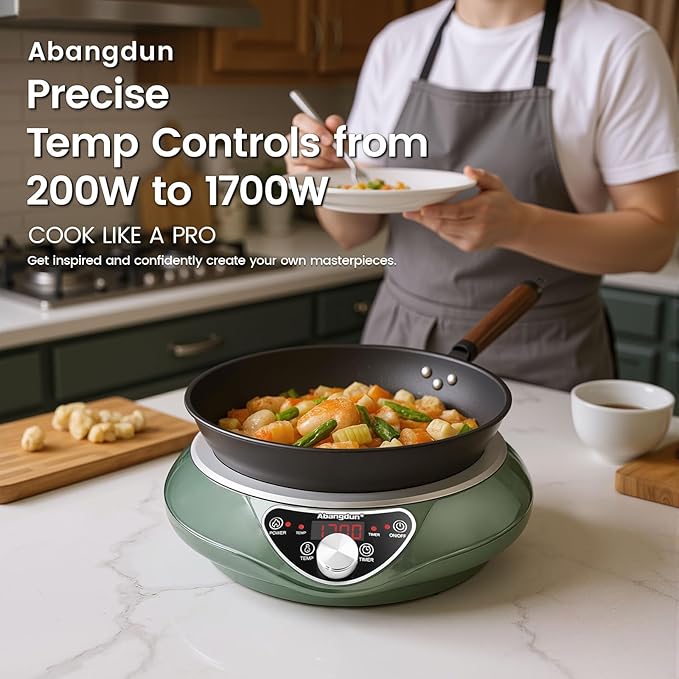 Abangdun 1700W 120V Wok Induction Cooktop,Non-Pulse Heating,16 Levels,18H Timer,13.4" Nitrided Carbon Steel Wok Set w/Lid&Steaming Rack,Round-Bottom Wok+ Flat Pan Compatible (<9"), Wok-Style Stir-Fry