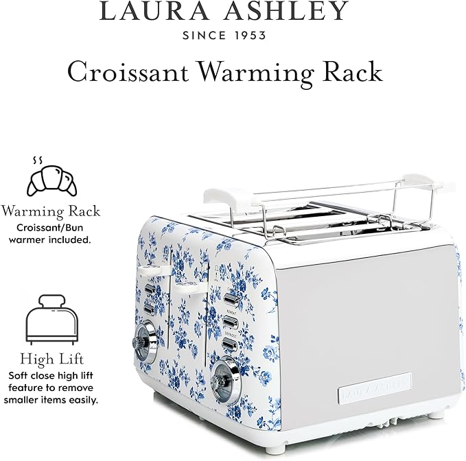VQ Laura Ashley China Rose Stainless Steel 4 Slice Toaster | Multi-Functional Bagels & Bread Toaster 4 Slice with Adjustable Heating & Defrost Mode | Featuring 4 Wide Slots & Croissant Warming Rack