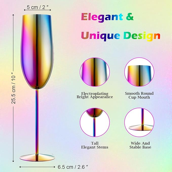Stainless Steel Champagne Flutes Set of 4-Wedding &Birthday Gifts,8.5 Oz Unbreakable Champagne Glass with Long Stem,Reusable Indoor Outdoor Drinkware (Colorful)
