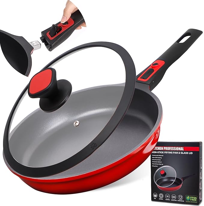 DIIG Nonstick Frying Pan Skillet with Silicone Lid, 11.5 Inch Oven Safe Chef Pan for Cooking Saute Omelet Sauce Pan Cast Aluminum Red Cookware with Detachable Handle, Induction All Stoves Compatible