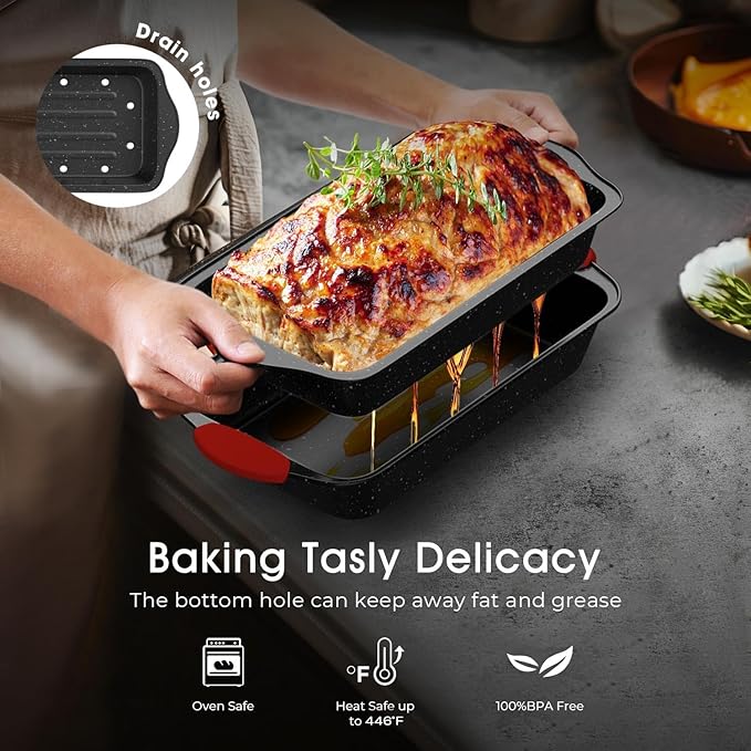 Slow Slog 11-Piece Nonstick Stackable Baking Pans Set, Toxin-Free Bakeware Sets, Baking Pan Set with Silicone Handles, Includes Cookie Sheets, Loaf Pan, Pizza Pan, Muffin Pan, Red&Black