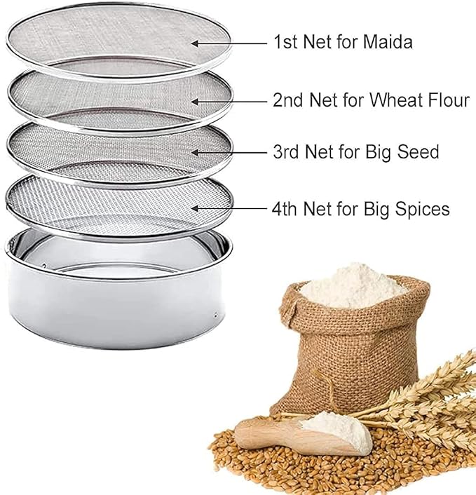 4 In 1 Stainless Steel Interchangeable Sieve Set of 5 Flour Spices Food Strainers Atta Chalni Jaali Channi Atta, Maida Strainer - Silver, Length 8 Inch, Width Height 2.5 Inch