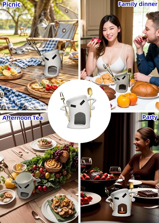 Chocolate Fondue Mug With Attitude, Cheese, Candy Mini Ceramic Fondue Mugs Gift Set with 1 Forks & 1 Scoop - Sweet Fondue Cup Set for Gifts, Parties, Cozy Nights (Food-Safe Ceramic)