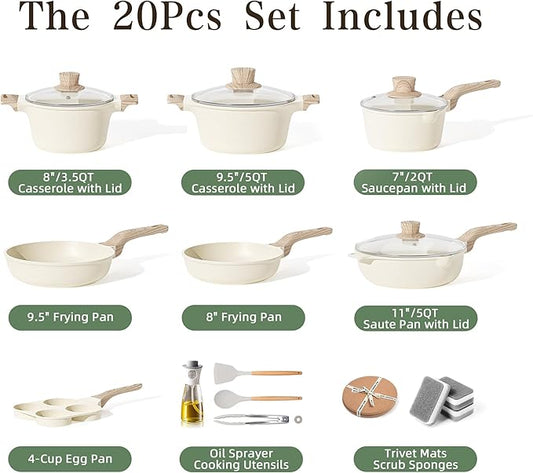 20Pcs Pots and Pans Set Non Stick, Kitchen Nonstick Cookware Sets, White Granite Induction Cookware Non Toxic Cooking Set w/Frying Pans, Saucepans, 4 Cup Pan, PFOS & PFOA Free