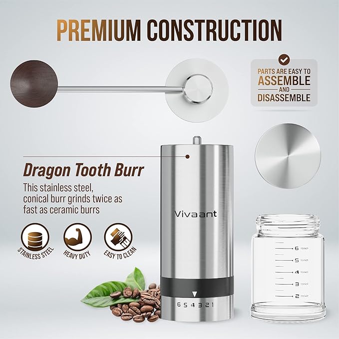 Vivaant Coffee Grinder Manual Capacity 32g - Stainless Steel Conical Burr Coffee Grinder Hand, Manual Coffee Grinder Espresso with Adjustable Settings, Portable Coffee Bean Grinder for French Press