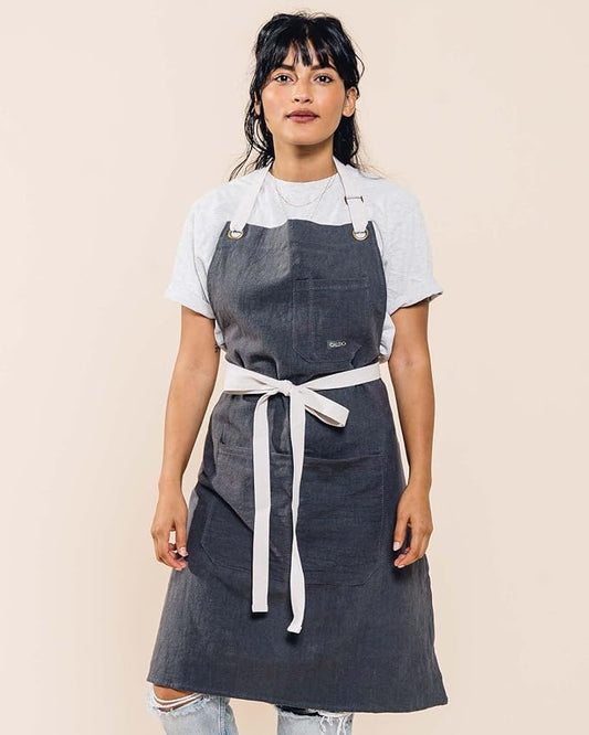 Caldo Linen Kitchen Apron for Cooking- Mens and Womens Linen Bib Apron for Professional Chef, Server, or Barista - Adjustable with Pockets (Slate)