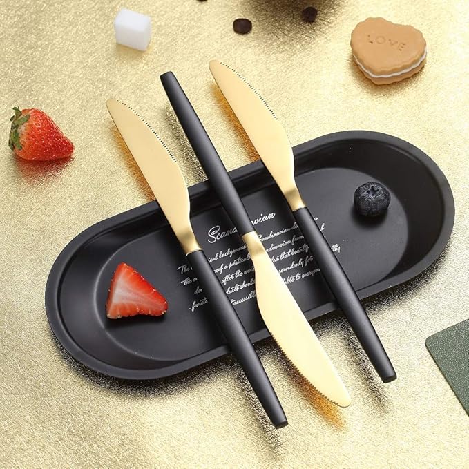 Dinner Knives 6 Pieces Black And Gold Plating, Homquen Sturdy 9" Stainless Steel Modern Design Knife, Knifes Set With Round Edge Dishwasher Safe