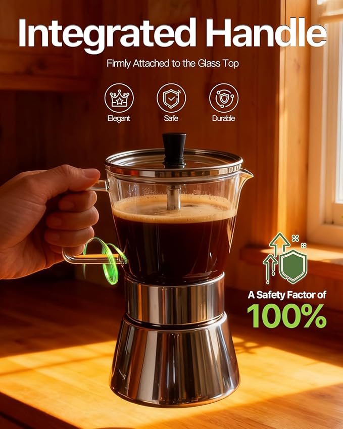 Grasseed Crystal Glass-Top Moka Pot, Polished Stainless Steel Stovetop Espresso Maker for Italian Coffee - 6 Cup/240ml/8.4oz