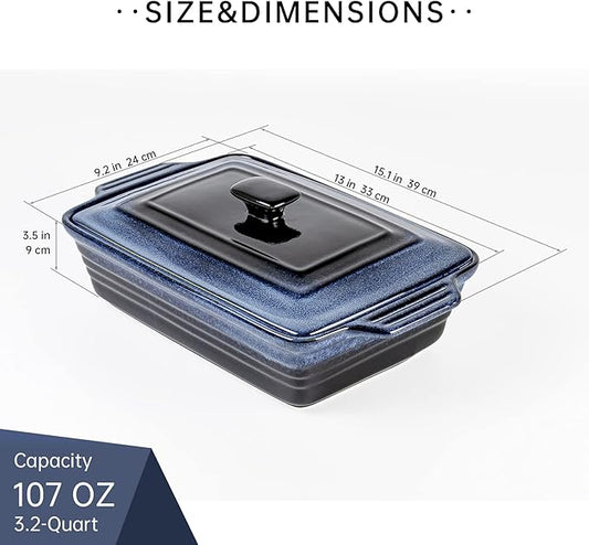 UNICASA Casserole Baking Dish with Lid - Ceramic Blue Lasagna Pan 3.2 Quart, Large Covered Bakeware Set 9x13 for Cooking, Stoneware Bakers Microwave Oven Safe - Reactive Glaze Blue