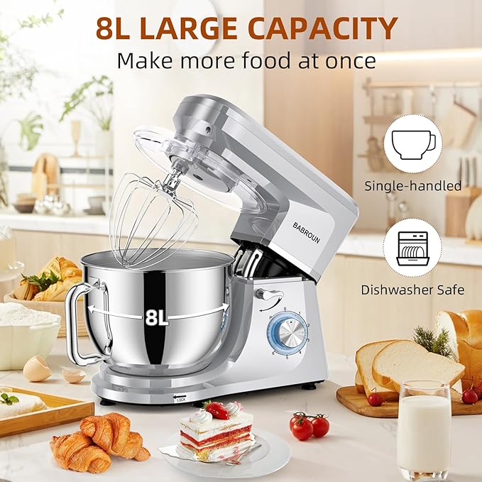 Babroun Dough Mixer 8.45 QT Electric Mixer - 660W 6 Speed Large Capacity Kitchen Stand Mixer with Whisk Dough Hook Mixing Beater Household Food Mixer for Baking Cakes Cookie Bread Salad