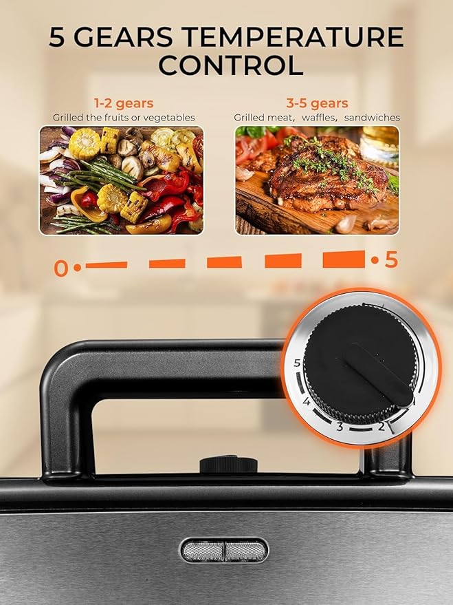HOUSNAT Sandwich Maker, 3 in 1 Waffle Maker with Removable Plates, 1200W Panini Press with Interchangeable Non-Stick Plates, Indicator Lights, 5-gear Temperature Control (Black)