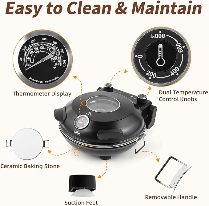 YIBAKE 12" Electric Pizza Oven - Countertop Pizza Maker with Ceramic Stone, Heats up to 800°F, Portable Indoor Pizza Oven for Homemade Pizzas, Black
