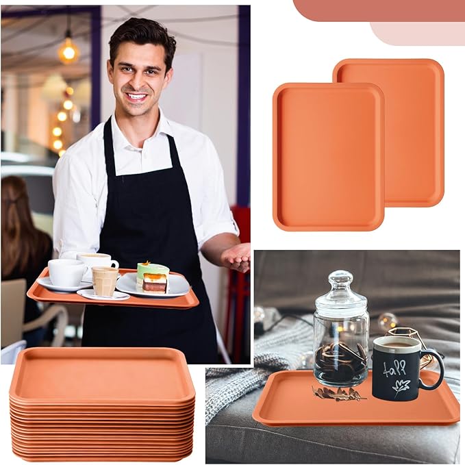 Gerrii 18 Pcs Plastic Fast Food Trays Bulk Restaurant Serving Cafeteria Tray Grill School Lunch Tray Rectangular Serving Platter for Kitchen Hotel Restaurant (Orange,12 x 9 Inch)