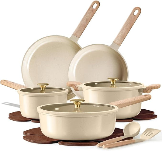 CAROTE 14Pcs Pots and Pans Set Non stick, Ceramic Cookware Set, Non-toxic Kitchen Cooking Set, PFAS and PFOA Free