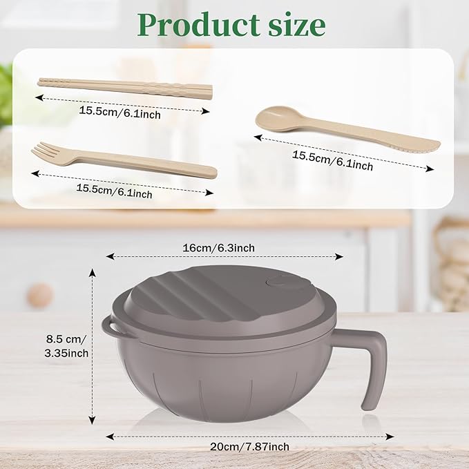 steo spce Large Ramen Bowl Set, 40 Oz Microwaveable Noodle Cooker with Leak-Proof Lids, Chopsticks, Spoon & Fork – Portable and Dishwasher Safe, Ideal for Home, Office, Dorm, or Gift Light (Khaki)
