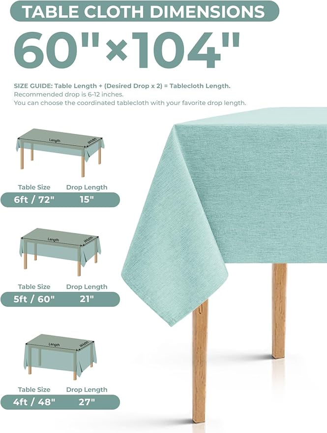 Waterproof Wipeable Table Cloth Rectangle Table for Wedding,Faux Linen Rustic Reusable Rectangular Table Cloth Cover for Dining, Party & Camping(Oblong,60 x 104 Inch (8-10 Seats), Aqua)
