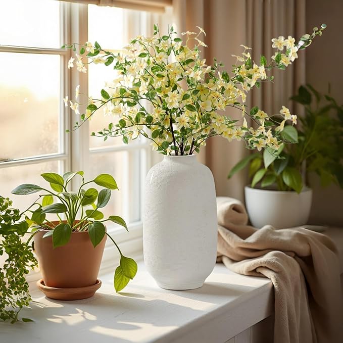White Ceramic Flower Vase Home Decor - Large Tall Farmhouse Table Vases Rustic Living Room Kitchen Bedroom Decorations for House Book Shelf Office Coffee Desk，Hand-Made Textured Surface (10.8“ H)
