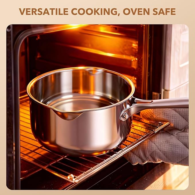 PekGema Stainless Steel Saucepan 2.5 Quart with Glass Strainer Lid, Thicken Tri-ply Full Sauce Pot, Two Side Spouts for Easy Pour, Dishwasher Safe, Induction Ready, Compatible with All Cooktops