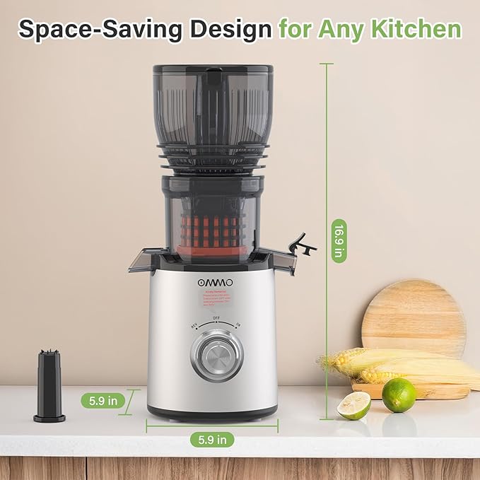 OMMO Juicer Machines, 300W Cold Press Juicer for Whole Vegetables & Fruits with 6'' Large Feed Chute, Slow Masticating Juicer Easy to Clean, High Juice Yield, BPA Free, Sliver