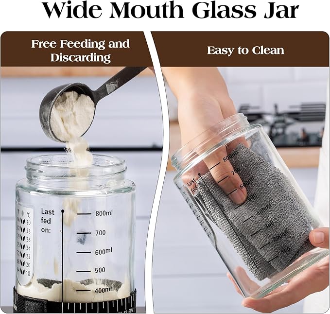 Sourdough Starter Kit,34oz Sourdough Starter Jar Glass with Sourdough Recipes Cookbook.Sourdough Bread Baking Supplies with Thermometer,Natural Wooden Lid, Anti-slip Mat,Sourdough Jar scraper (2 pack)