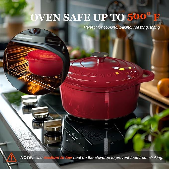 Overmont Enameled Cast Iron Dutch Oven - 4.5QT Pot with Lid Cookbook & Cotton Potholders - Heavy-Duty Cookware for Braising, Stews, Roasting, Bread Baking red