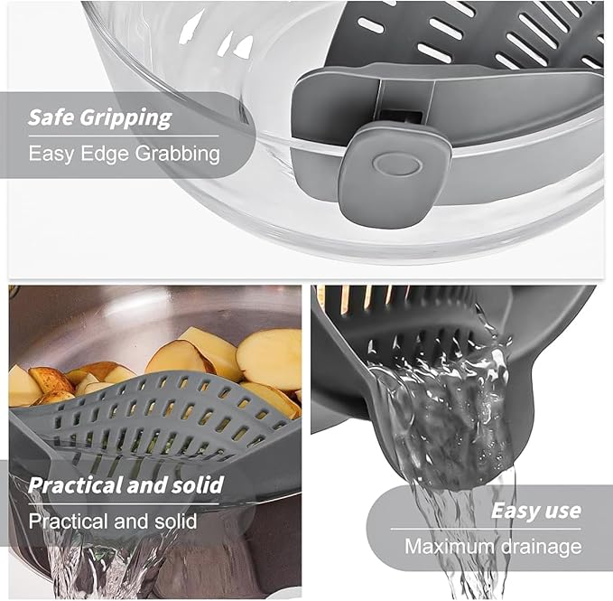 Silicone clip-on strainer for all pots and pans, clip-on food strainer for meat, vegetables, fruits and pasta strainer, heat resistant, kitchen gadget, colander