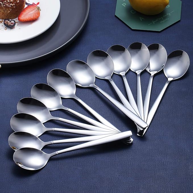 Berglander Dinner Spoon of 12, Stainless Steel Soup Spoons Silverware, Shiny Modern Soup Spoon Table Spoons Set Dishwasher Safe