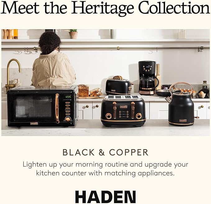 Haden Heritage 2 Slice Wide Slot Stainless Steel Toaster with Adjustable Browning Control & Non-Slip Feet, Black & Copper