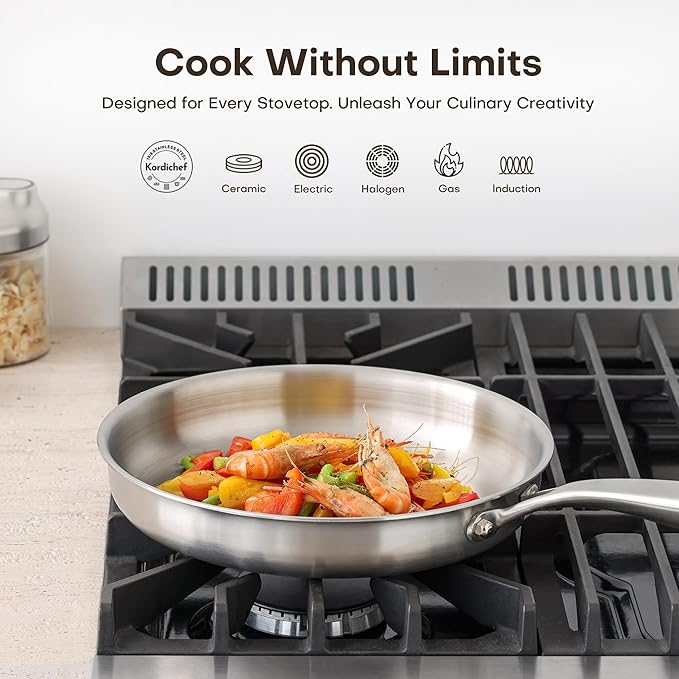 12 Inch Stainless Steel Frying Pan with Lids, Healthy Stainless Steel Skillet, Works on Induction, Ceramic and Gas Cooktops, PFOA Free Cookware, Dishwasher and Oven Safe, Stay-Cool Handle
