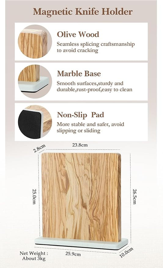 HEZHEN Double-sided Magnetic Knife Holder without Knives, Olive Wood Knife Block for Kitchen Counter, Space-saving Knife Storage, Strong Enhanced Magnets Strip, Non-slip Marble Base