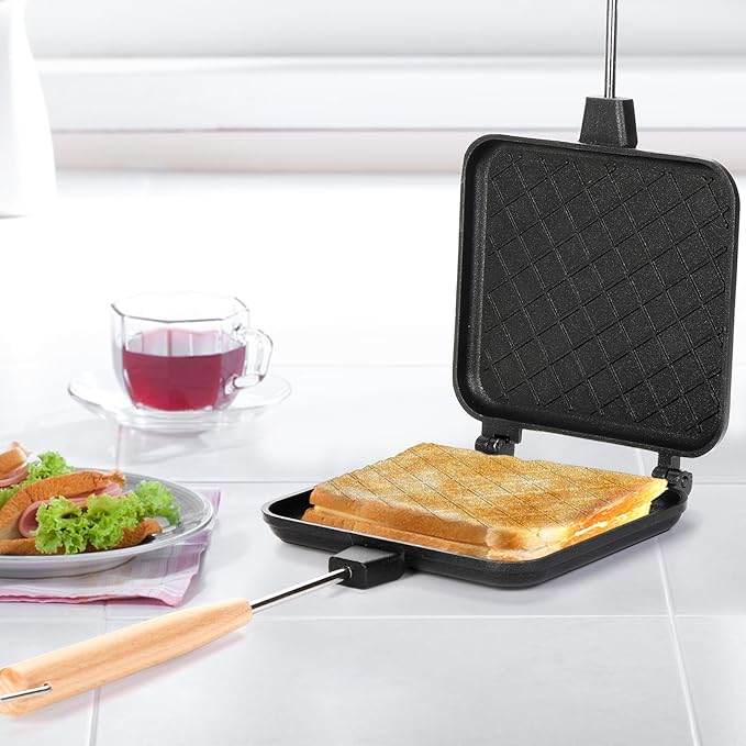 Hot Sandwich Maker, Non-stick Grilled Panini Maker Pan with Handle, Stovetop Camping Sandwich Toaster Aluminum Flip Pan for Toast, Waffle, Breakfast