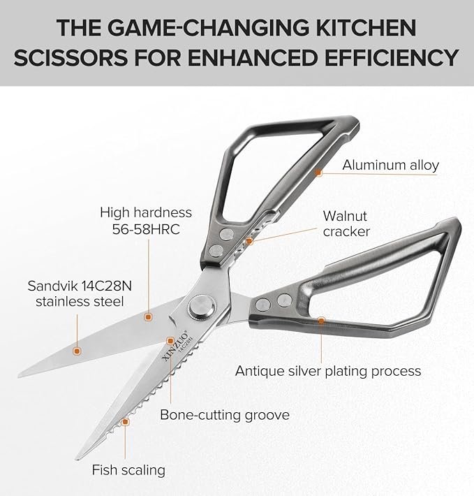 XINZUO Sandvik 14C28N Stainless Steel Multi-Purpose Kitchen Shear,Heavy Duty Kitchen Food Scissors For (Meat/Herbs/Poultry),With Silver Aluminum Alloy Handle