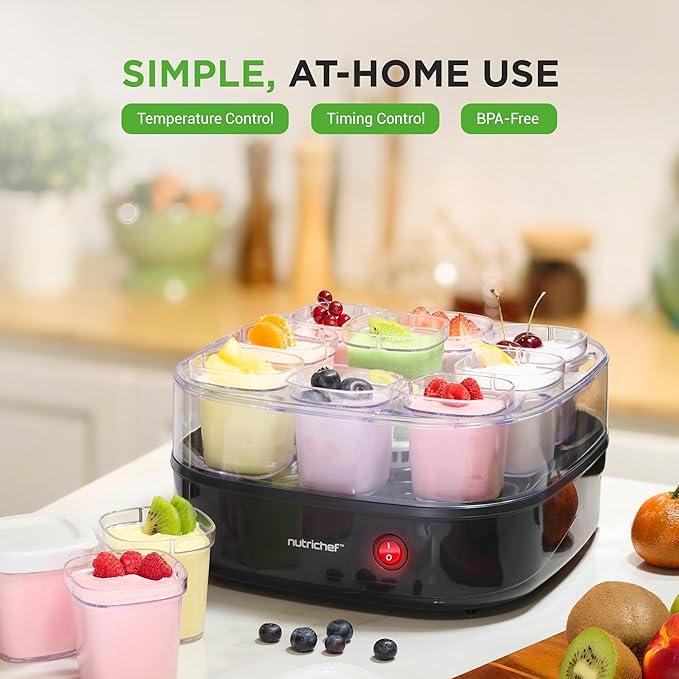 Nutrichef 9 Cup Automatic Yogurt Maker | Includes 9 - 5 oz Reusable Cups with Lids & Yogurt Rack for Instant Storage | Makes up to 45 OZ of Yogurt | Greek Yogurt Maker | Space Saving design | Black