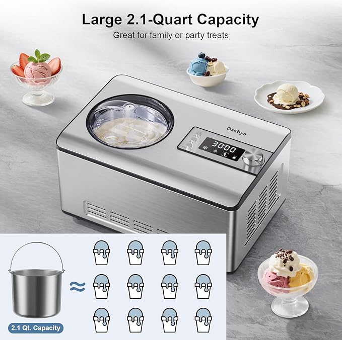 Ice Cream Maker with Upgraded Compressor, [40% Faster Freezing], No Pre-Freezing Needed, LED Display, 2.1 Qt Capacity, Easy Operation for Ice Cream & Yogurt, Stainless Steel