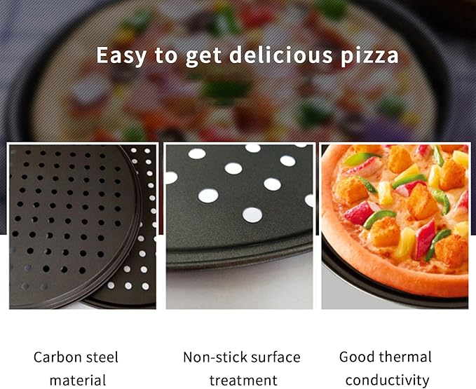 InBlossoms 9.6 inch Pizza Pan With Holes, Carbon Steel Perforated Non-Stick Bakeware for Home Kitchen Oven, 2 Pack