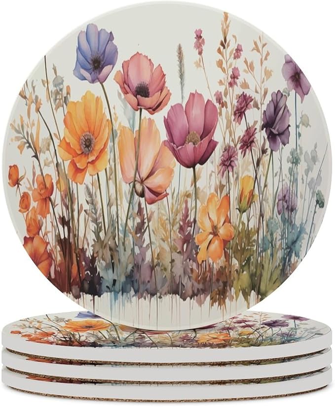 Floral Drink Coasters, Round Ceramic Drink Coaster Round-4PCS, Watercolour Abstract Floral Beautiful Florets Design Decor Absorbent Ceramic Coasters for Beverage Cup, Bar, Coffee Table