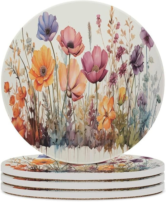 Floral Drink Coasters, Round Ceramic Drink Coaster Round-4PCS, Watercolour Abstract Floral Beautiful Florets Design Decor Absorbent Ceramic Coasters for Beverage Cup, Bar, Coffee Table